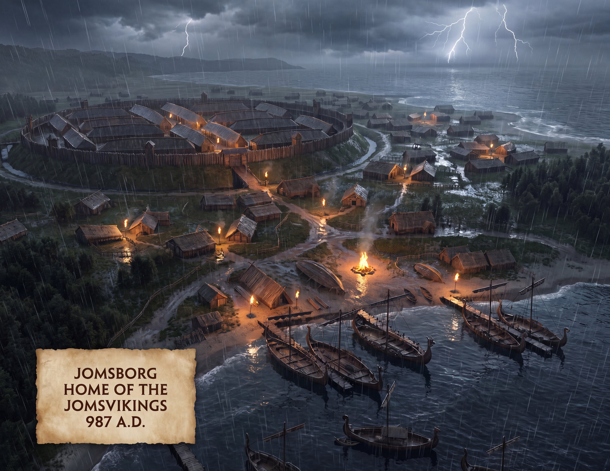 Dramatiskt vikingalandskap med hav och klippor – symbol för Jomsvikingarnas värld