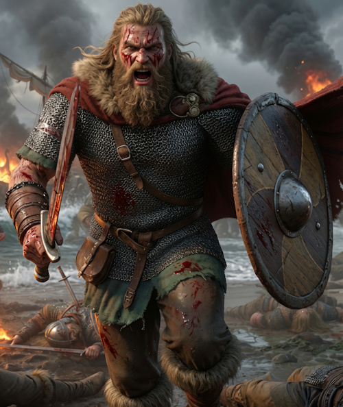 Konstnärlig gestaltning av Styrbjörn Starke i strid – vikingaprins med sköld och svärd