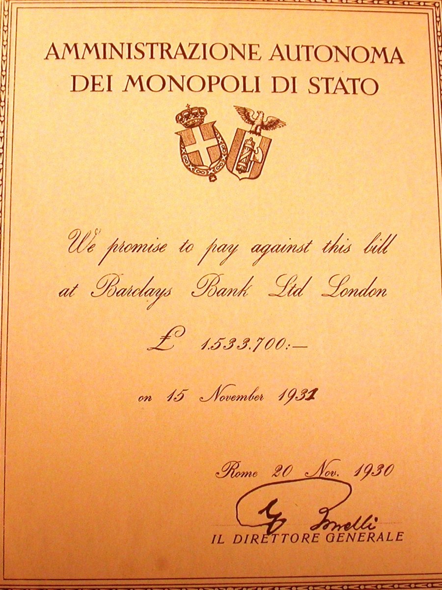 Faksimil: italiensk skuldsedel £1 533 700, Monopoli di Stato, omdiskuterat Kreuger-papper