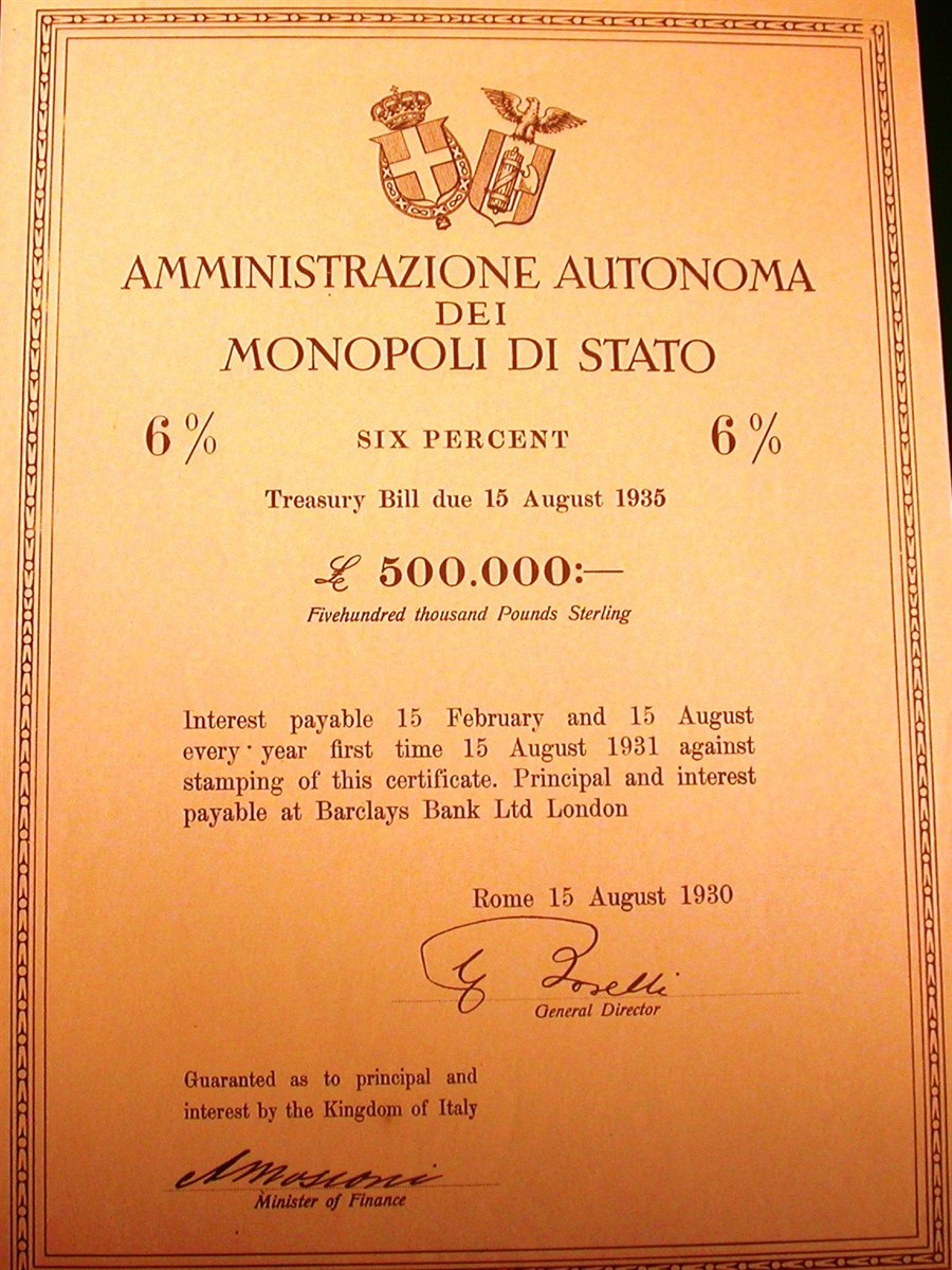 Faksimil: italiensk treasury bill £500 000, Monopoli di Stato, omdiskuterat Kreuger-papper
